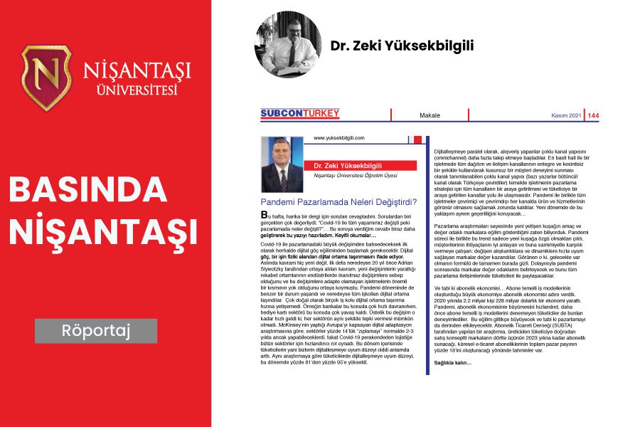 Dr. Zeki Yüksekbilgili’den Pandemi sürecinde Pazarlamadaki Değişim ve Yeni Trendleri konu alan  Makalesi Yayınlandı